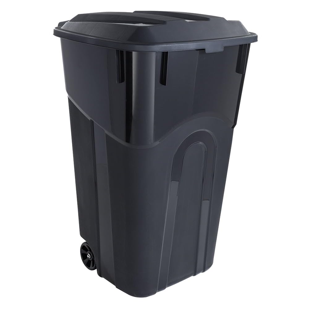 32 Gallon Black Plastic Garbage Can with Attached Lid F16435