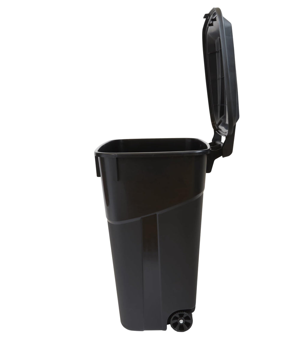 32 Gallon Black Plastic Garbage Can with Attached Lid F16435
