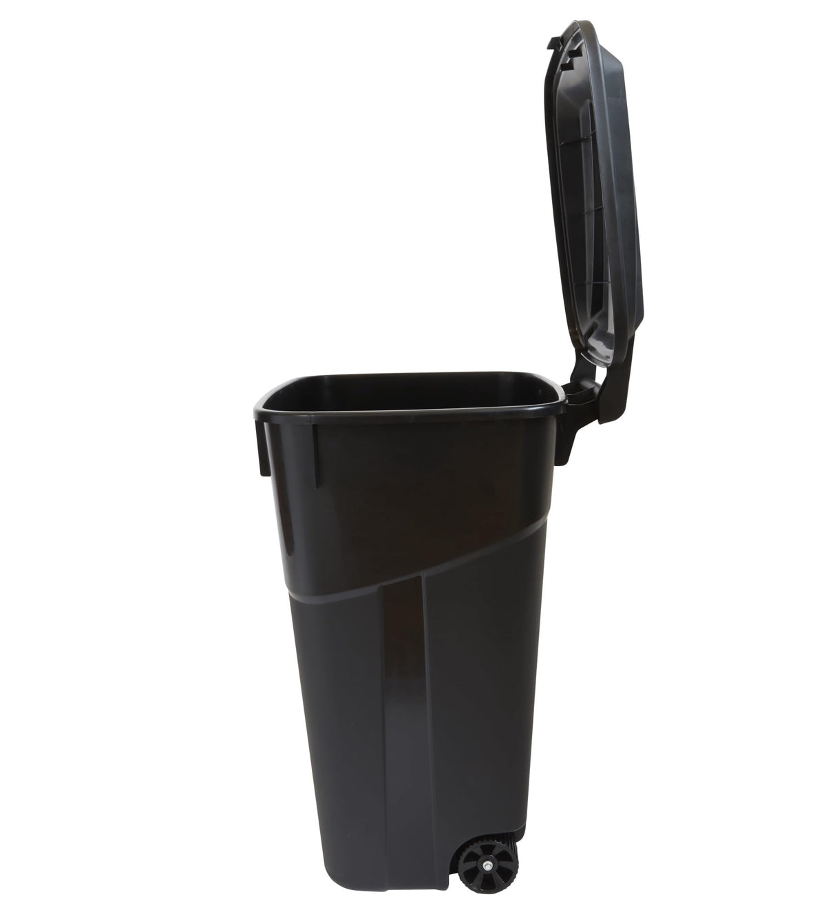 32 Gallon Black Plastic Garbage Can with Attached Lid F16435