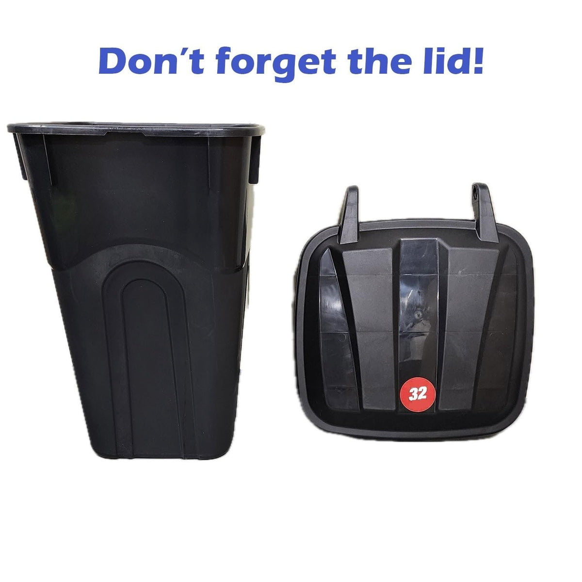 32 Gallon Black Plastic Garbage Can with Attached Lid F16435