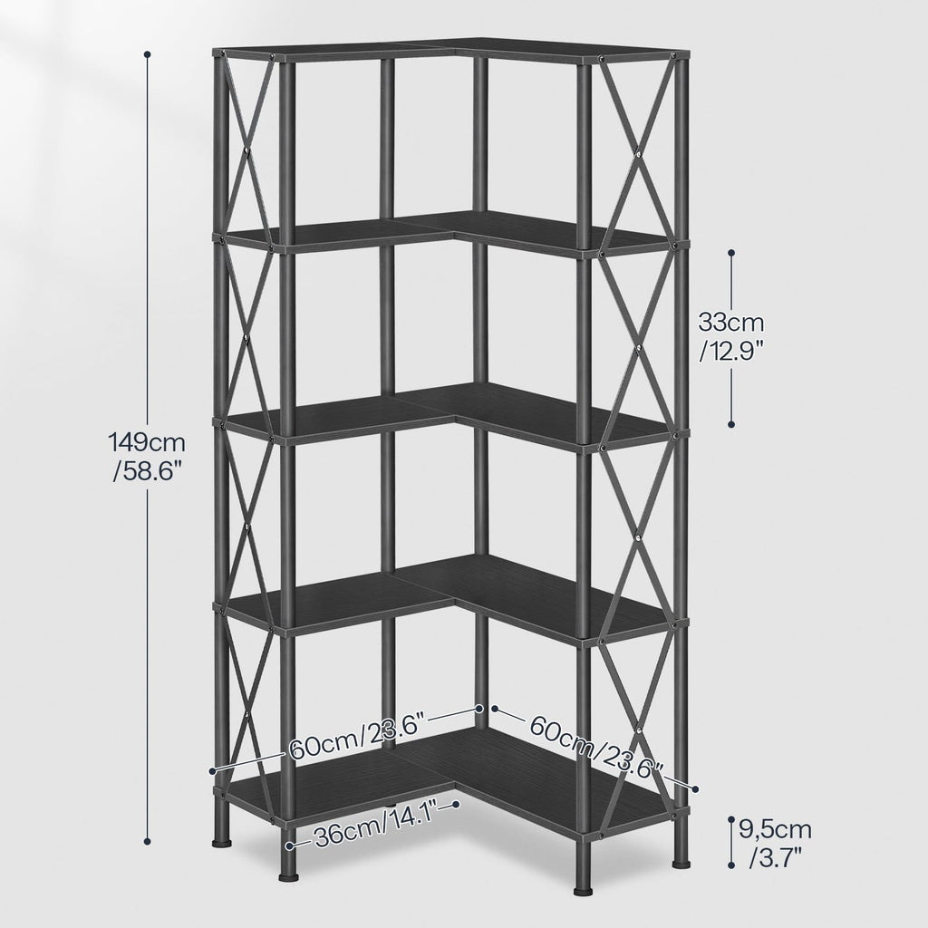 Black 5-Tier L-Shaped Corner Bookshelf X8914
