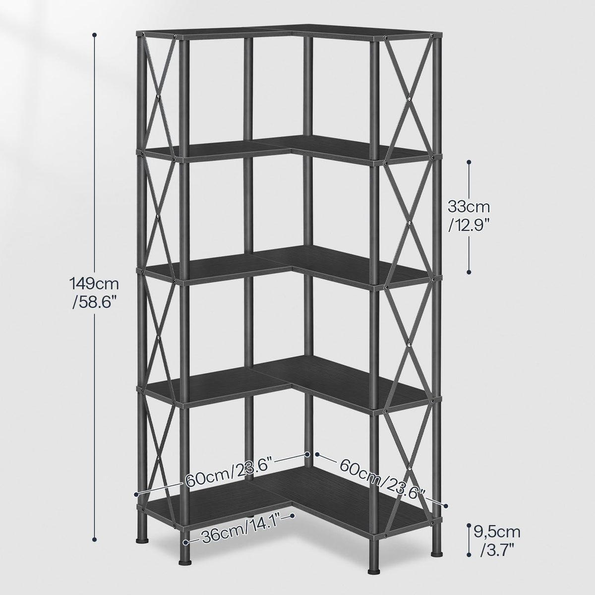 Black 5-Tier L-Shaped Corner Bookshelf X8914