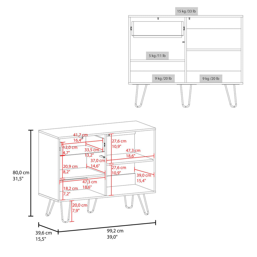 39" Wide White & Oak Console Table with 2 Cabinets, 1 Drawer, 4 Shelves X4891
