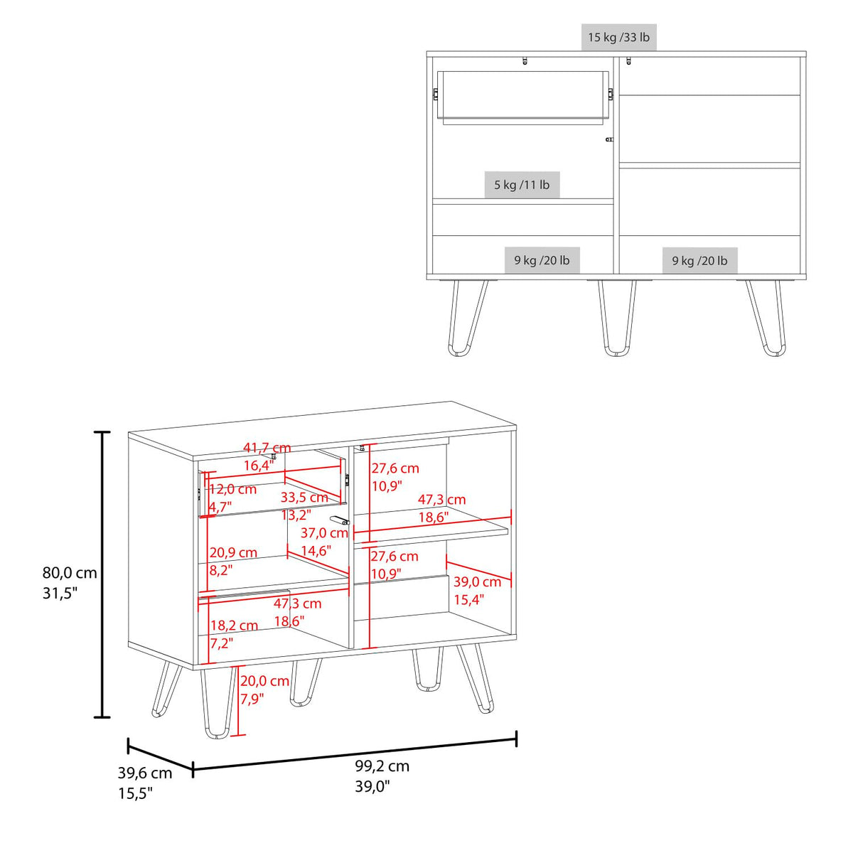 39" Wide White & Oak Console Table with 2 Cabinets, 1 Drawer, 4 Shelves X4891