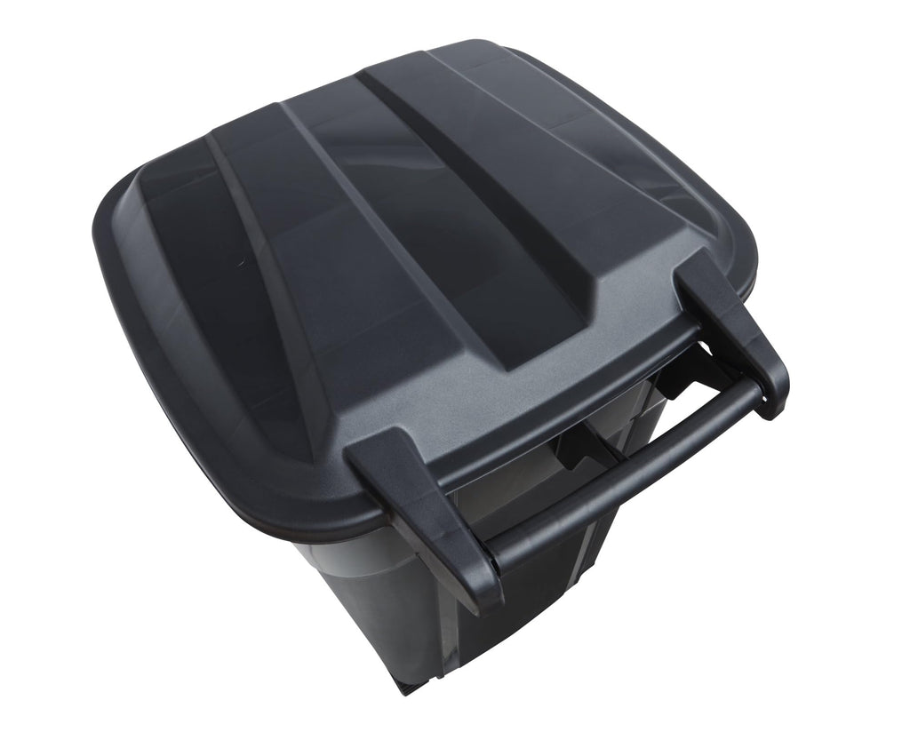 32 Gallon Black Plastic Garbage Can with Attached Lid F16435