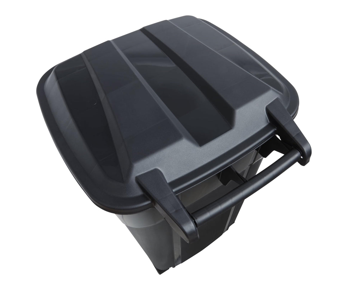 32 Gallon Black Plastic Garbage Can with Attached Lid F16435