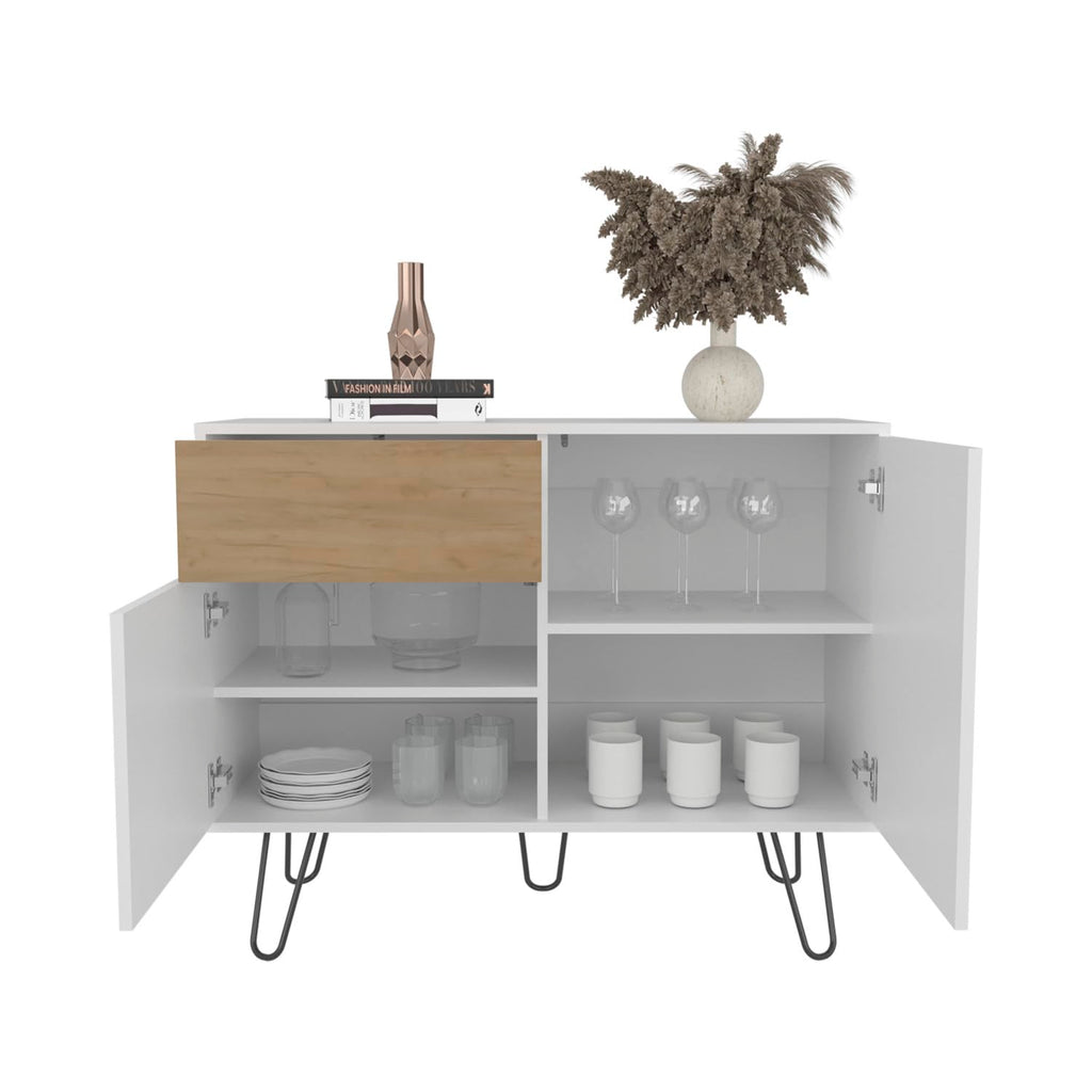 39" Wide White & Oak Console Table with 2 Cabinets, 1 Drawer, 4 Shelves X4891