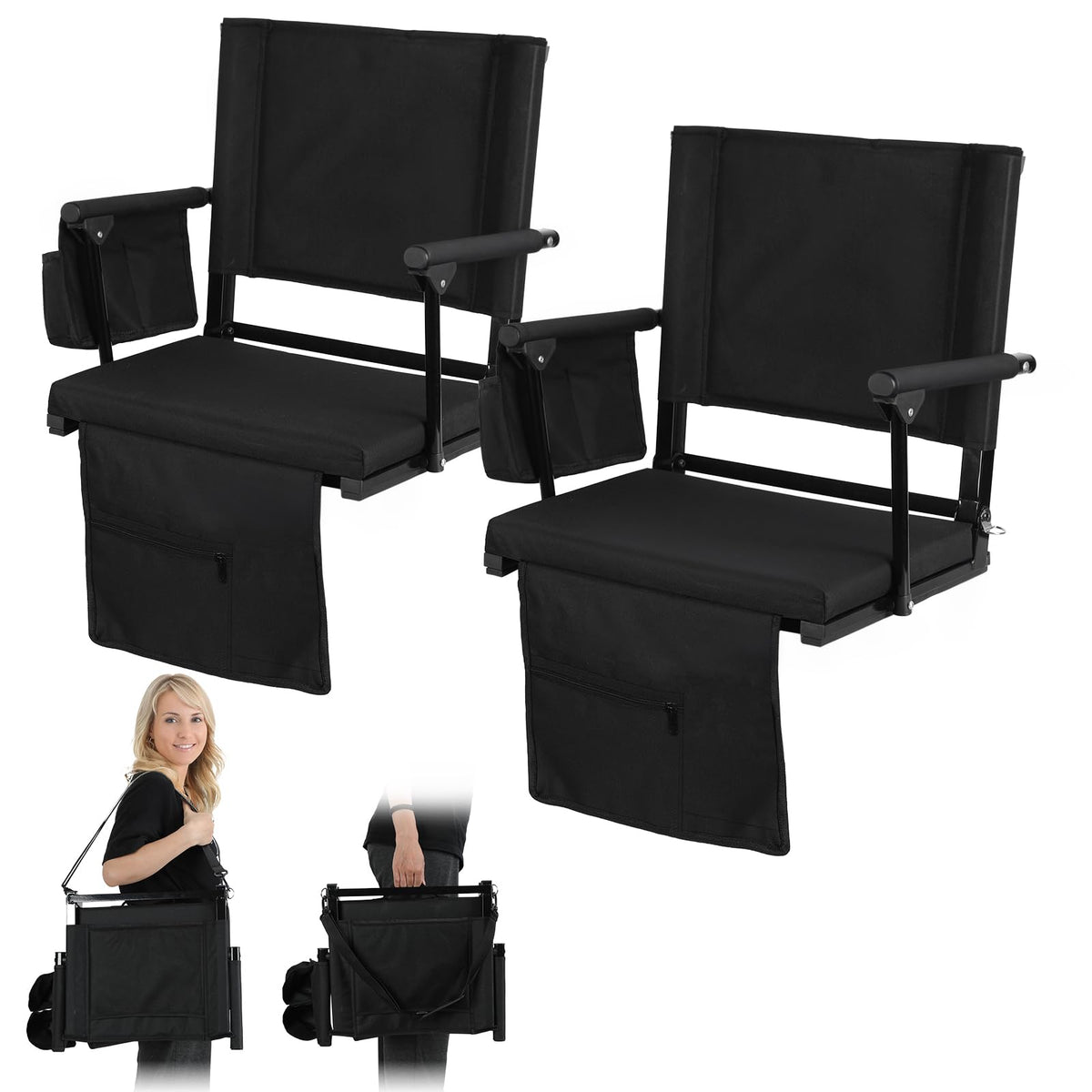 2 Pcs Black Folding Stadium Seats with Back Support and Cup Holder R90911