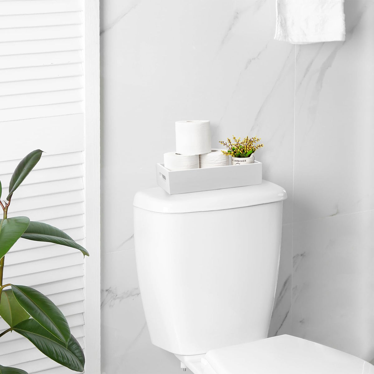White Wooden Toilet Tank Paper Basket with Handle I2655