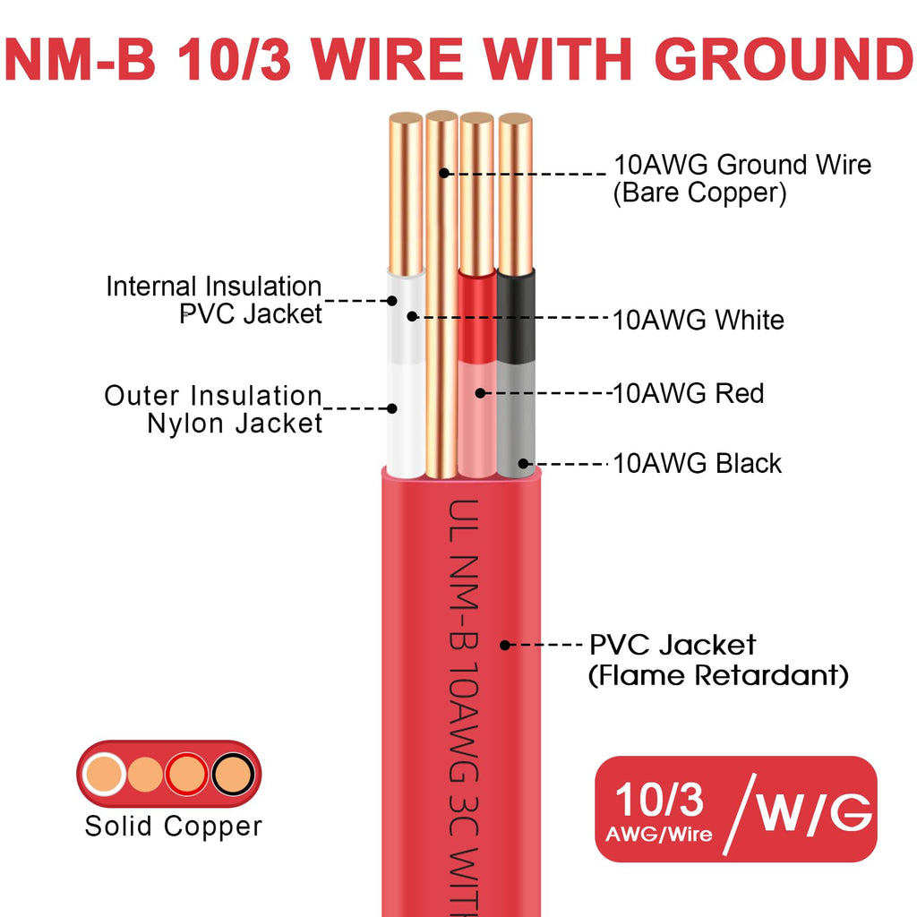 10 Gauge 3 Conductors Electrical Wire with Ground, 100ft A8234