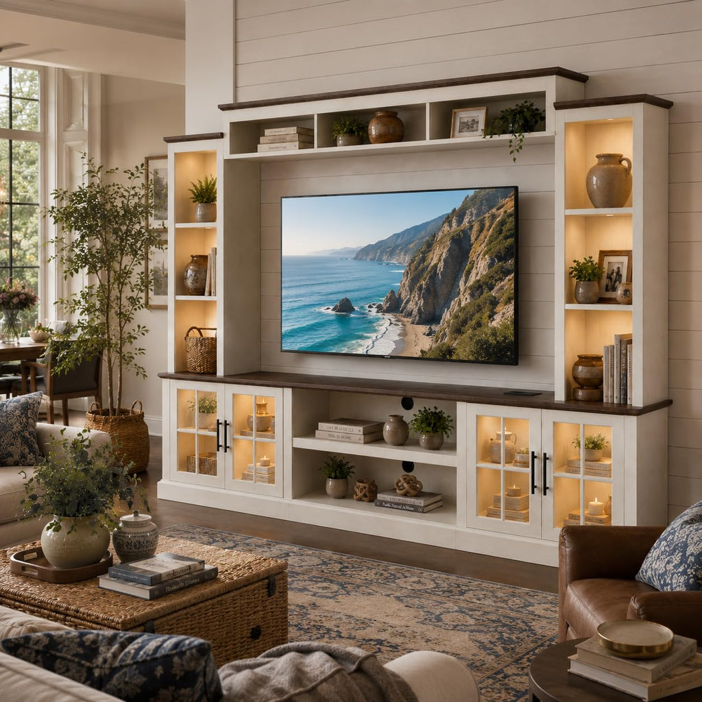 White TV Stand with Bookshelf Cabinet and Barn Doors N6712