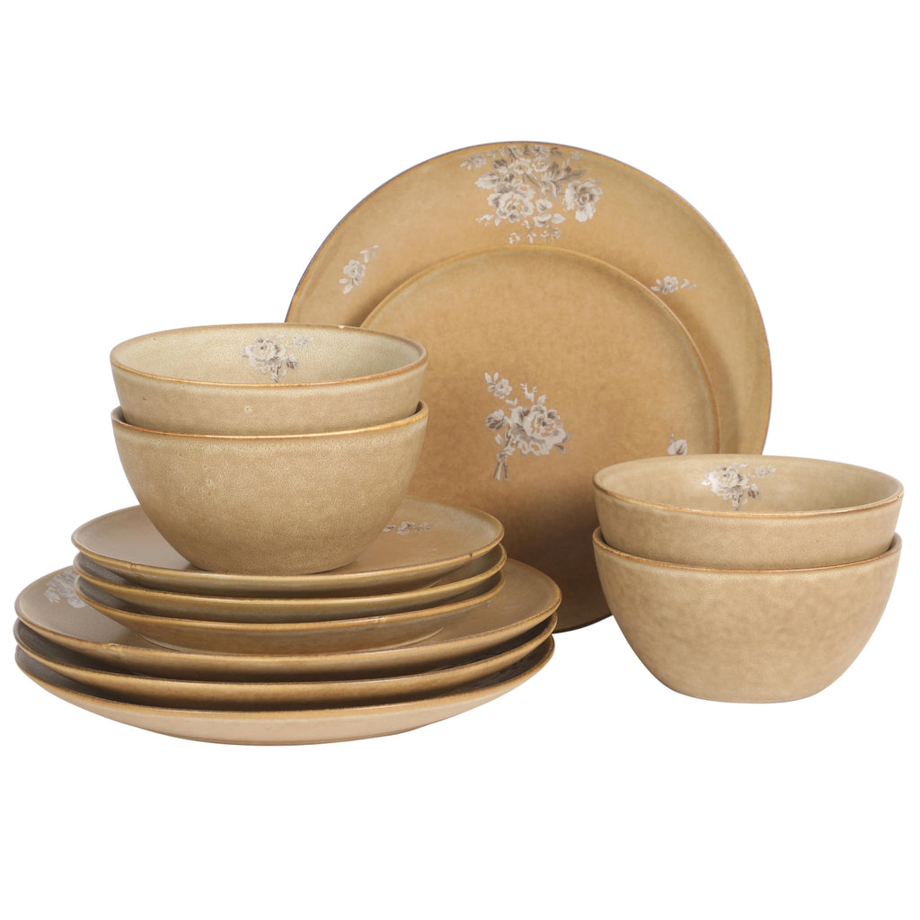 12 Piece Taupe Floral Dinnerware Set S822324