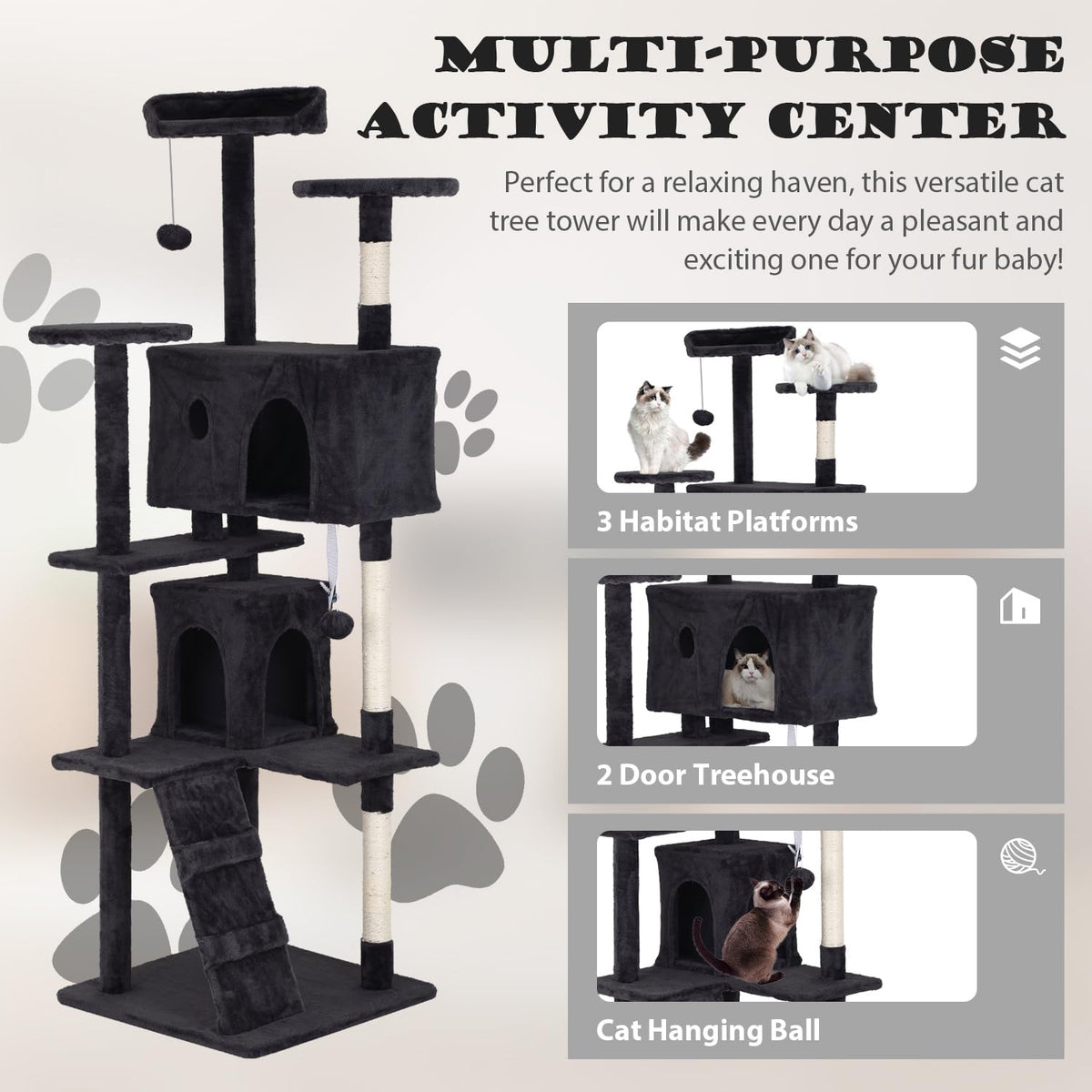 70" Dark Grey Cat Tree Tower with Scratching Post and Bed W573857