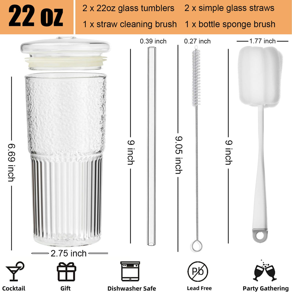 22 oz High Borosilicate Clear Glass Cups with Lids and Straws, Pack of 2 Z8276