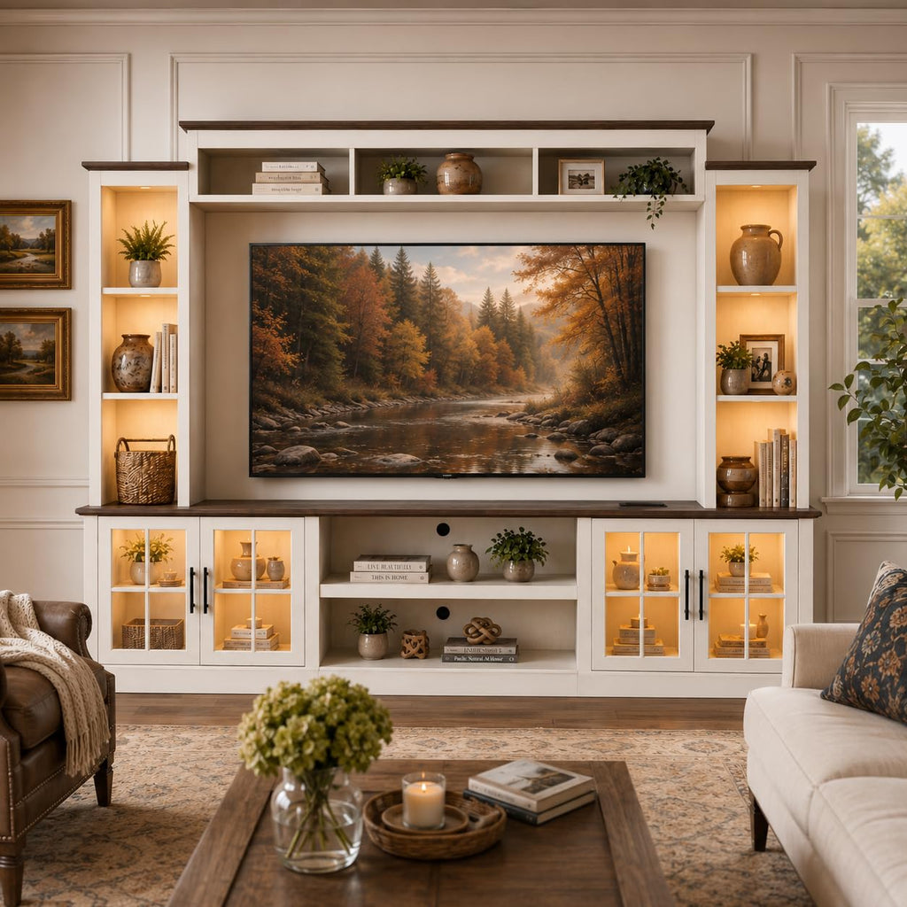 White TV Stand with Bookshelf Cabinet and Barn Doors N6712