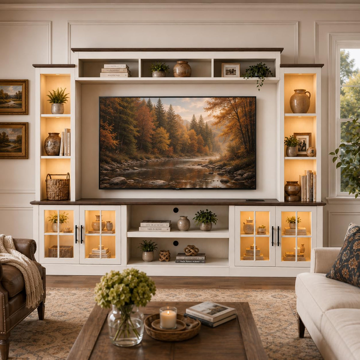 White TV Stand with Bookshelf Cabinet and Barn Doors N6712