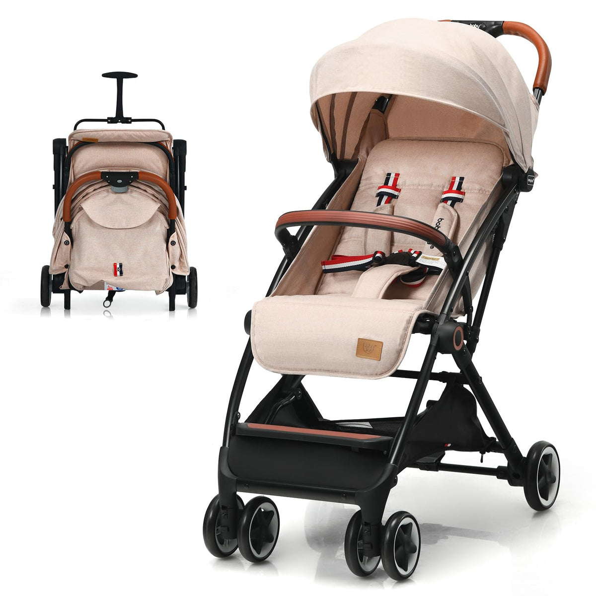 Lightweight Compact Baby Stroller with 5-Point Harness and Storage Basket, Beige H6740