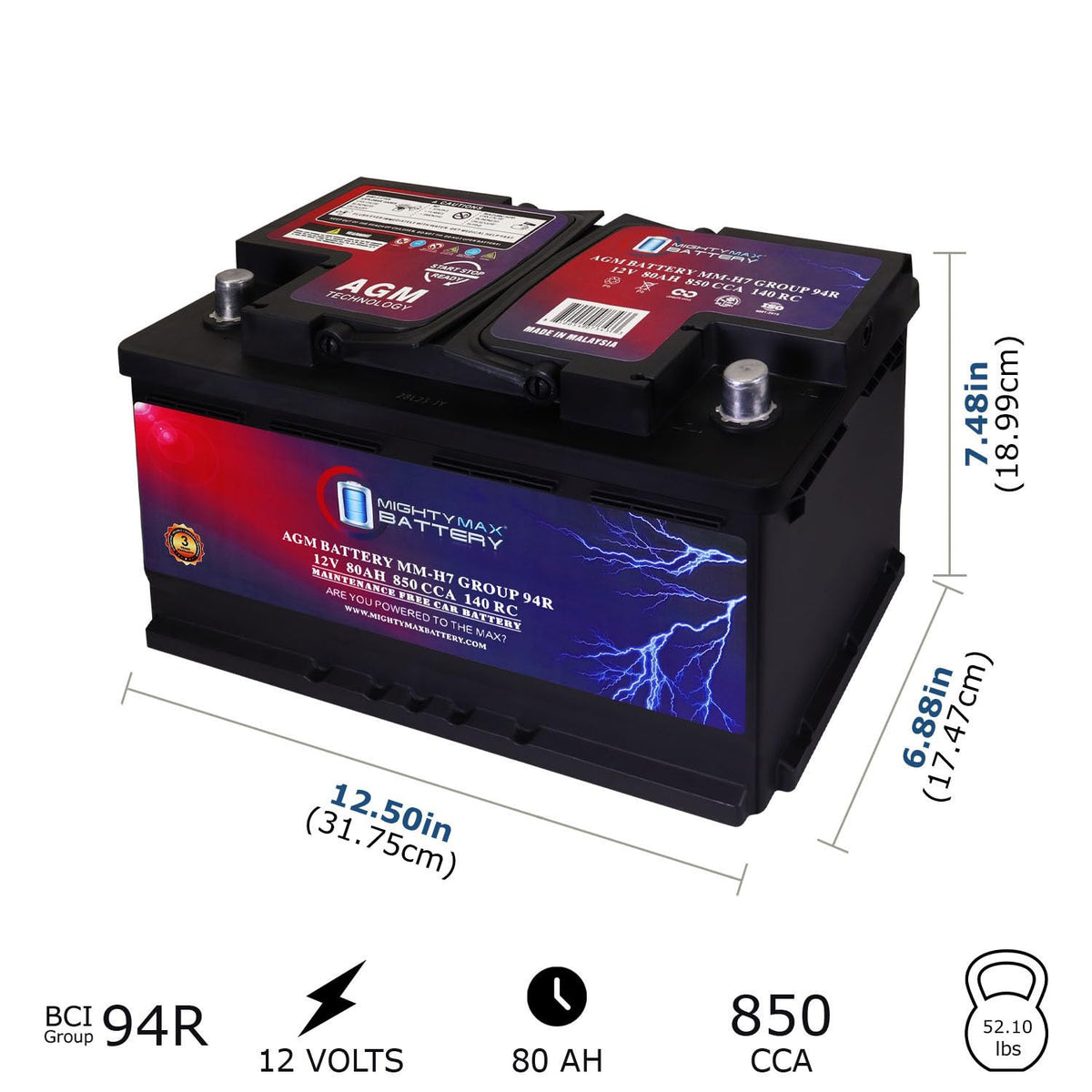 12V 80AH 850 CCA Replacement Battery T614384