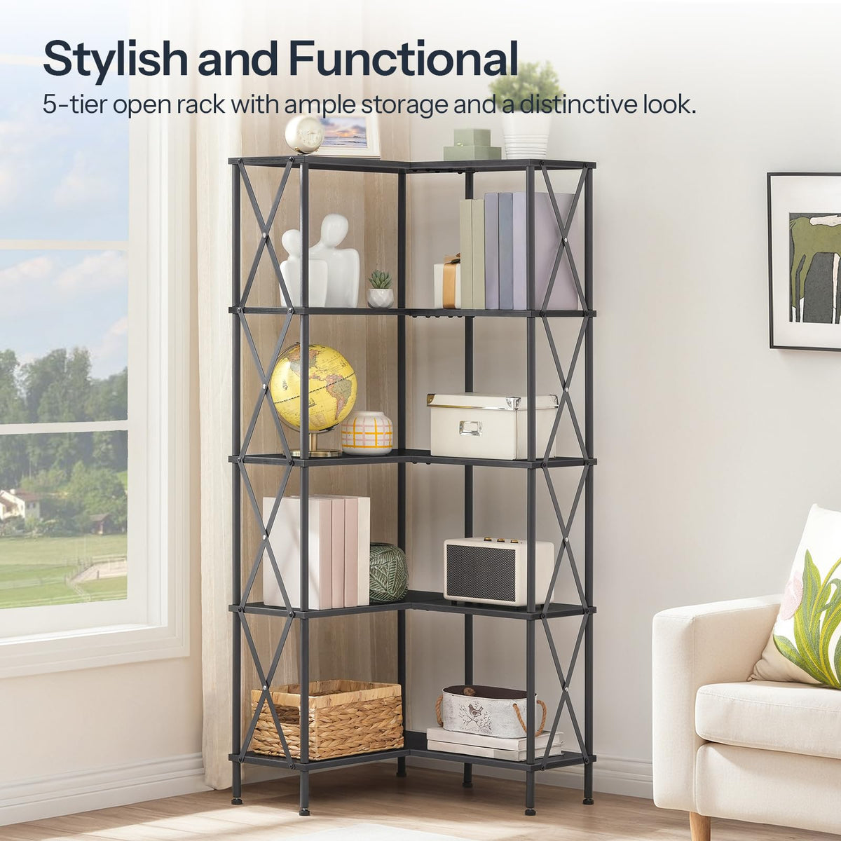 Black 5-Tier L-Shaped Corner Bookshelf X8914