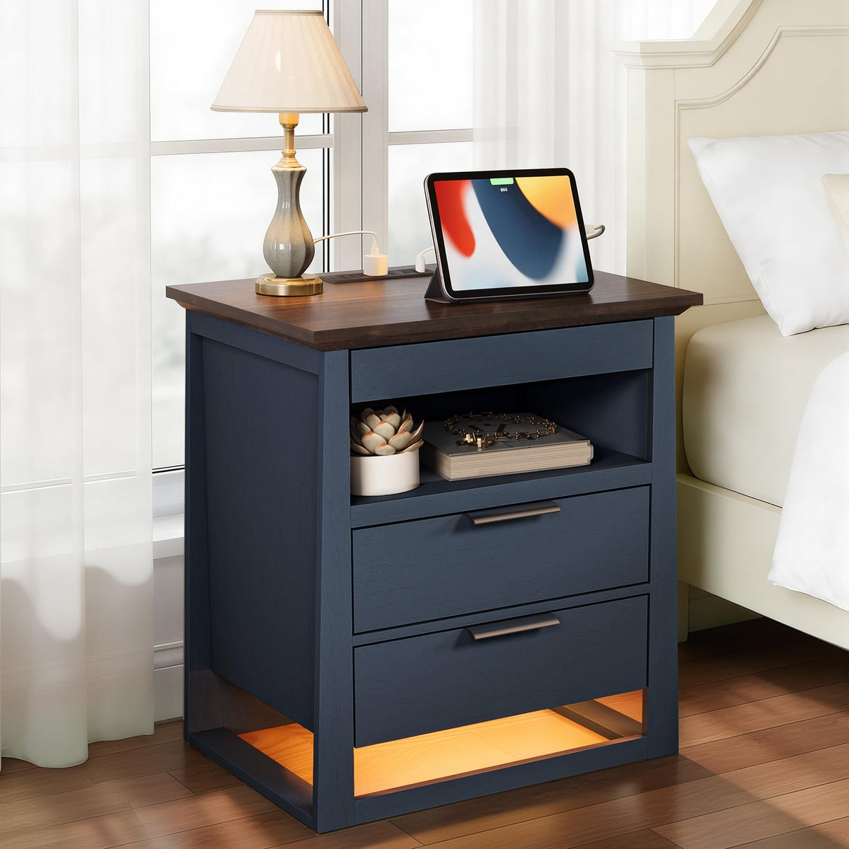 3 Drawer Nightstand with Charging Station and LED Lights Y28309