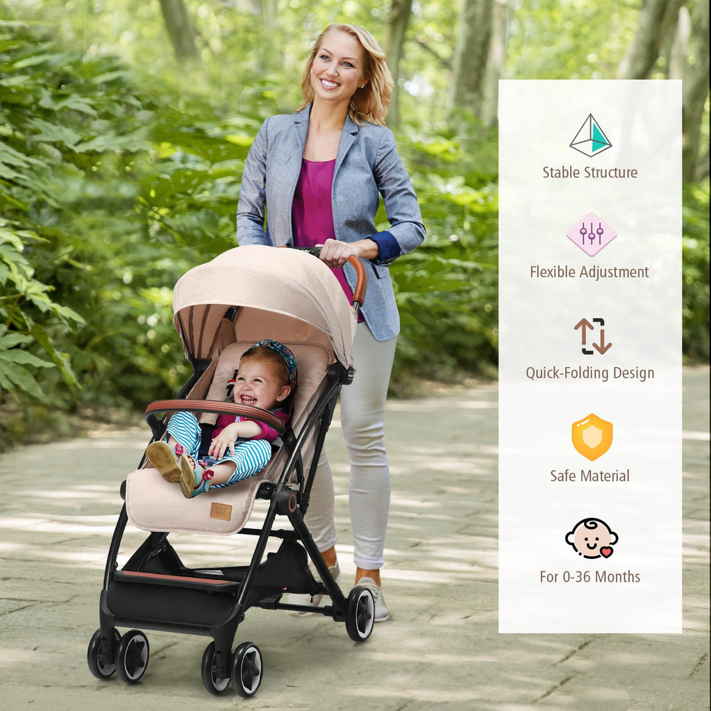Lightweight Compact Baby Stroller with 5-Point Harness and Storage Basket, Beige H6740