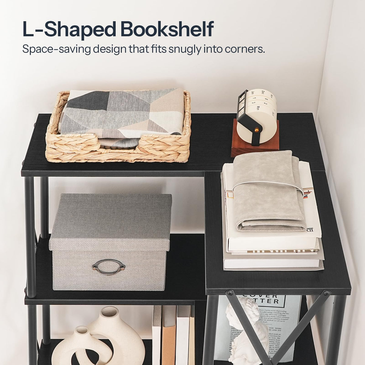 Black 5-Tier L-Shaped Corner Bookshelf X8914