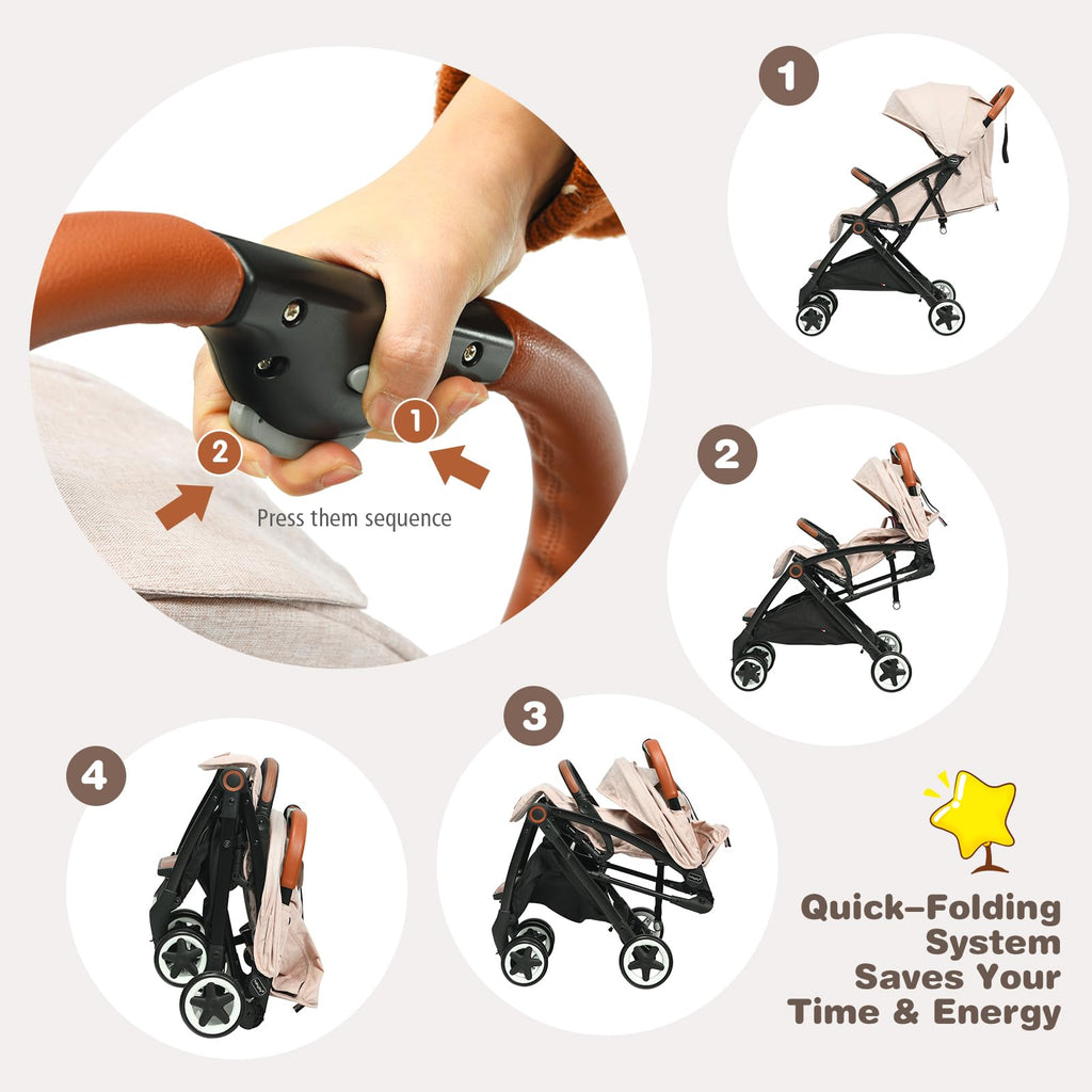 Lightweight Compact Baby Stroller with 5-Point Harness and Storage Basket, Beige H6740