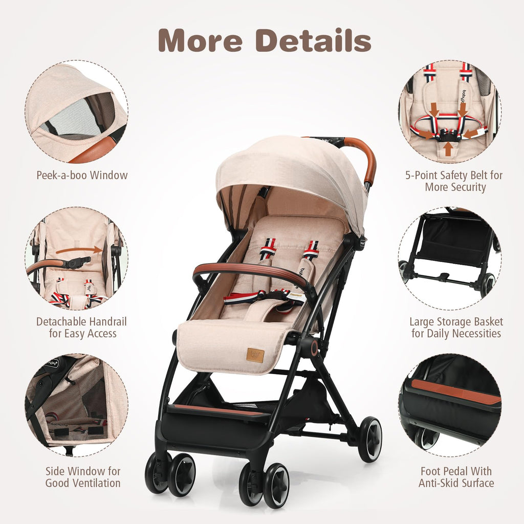 Lightweight Compact Baby Stroller with 5-Point Harness and Storage Basket, Beige H6740