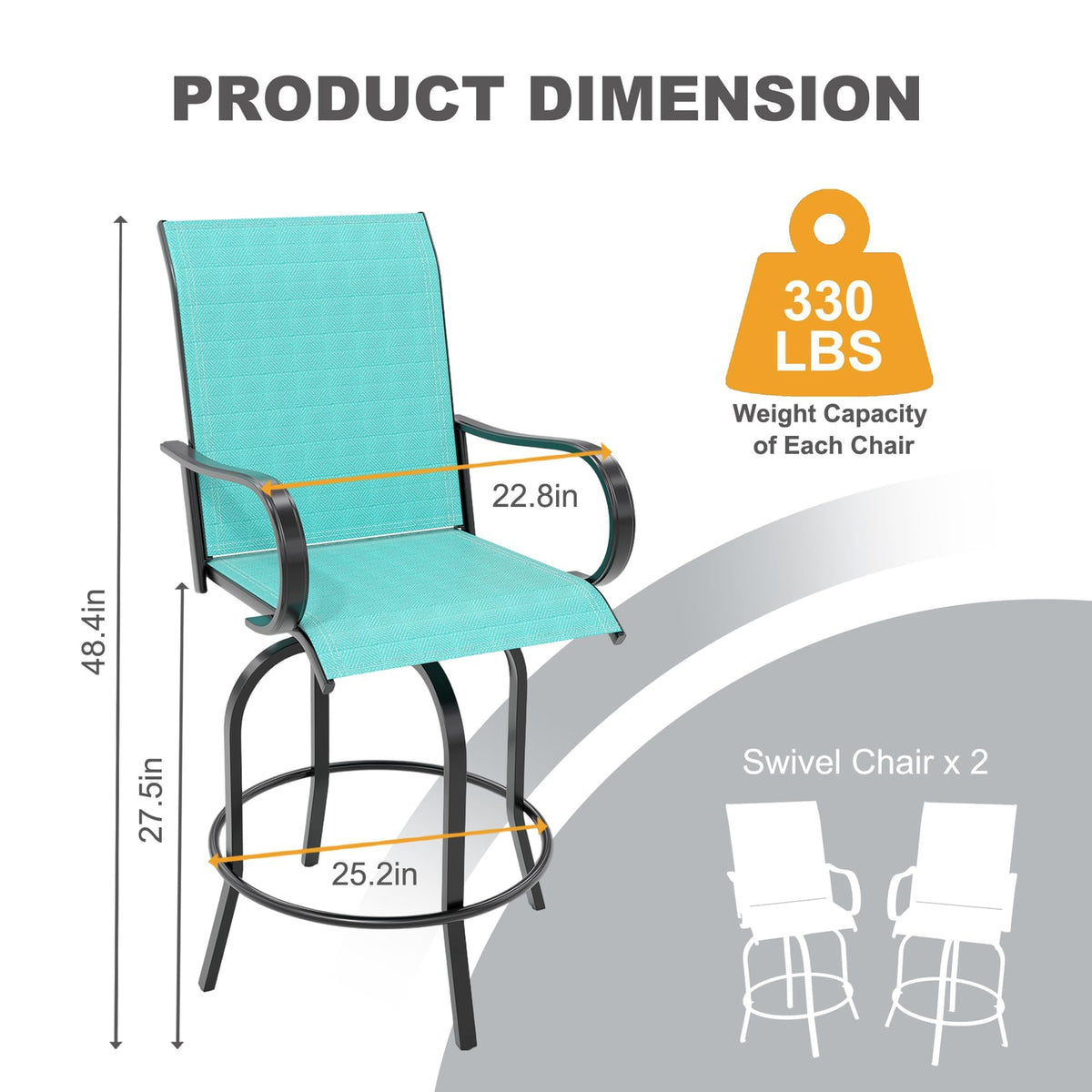 2 Piece Teal Outdoor Swivel Bar Stools with High Back & Armrest F624425