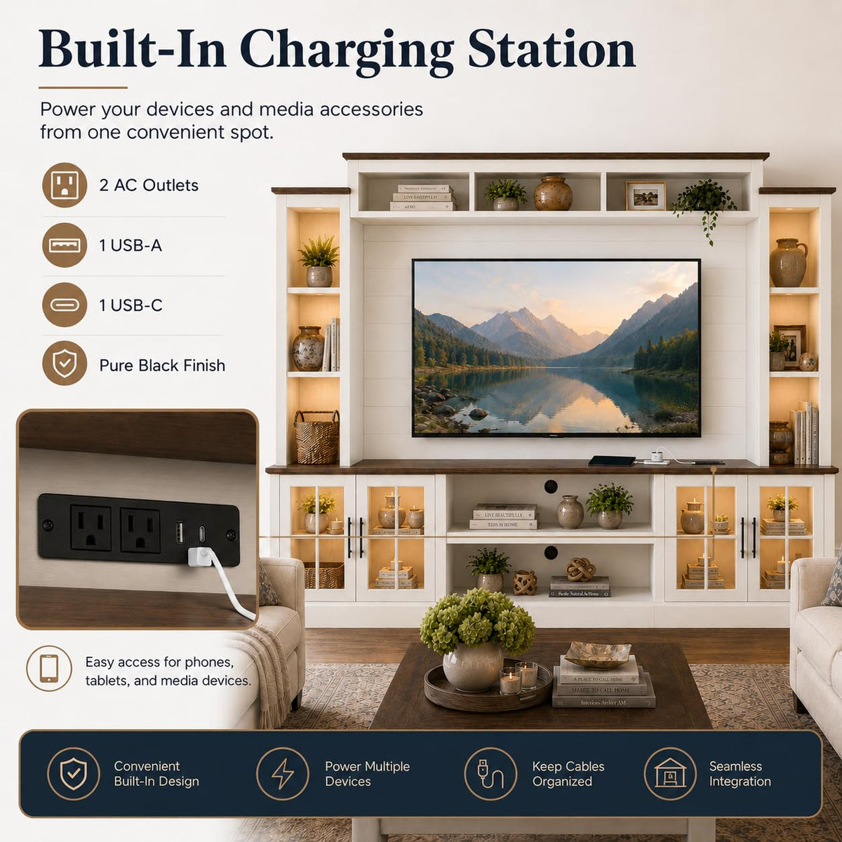 White TV Stand with Bookshelf Cabinet and Barn Doors N6712