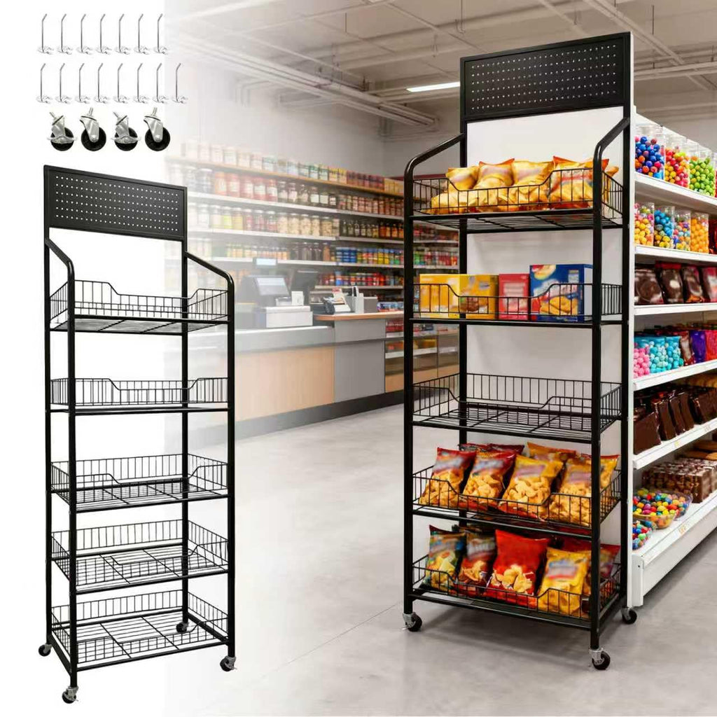 5 Tier Metal Candy Display Rack with Wheels & 15 Hooks N718