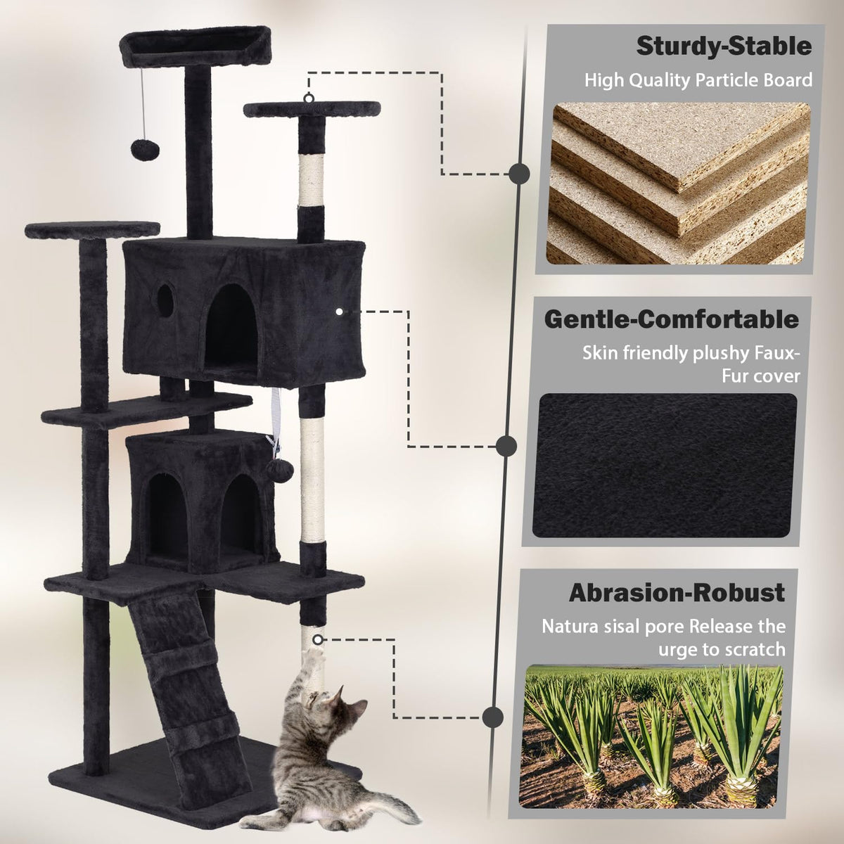 70" Dark Grey Cat Tree Tower with Scratching Post and Bed W573857