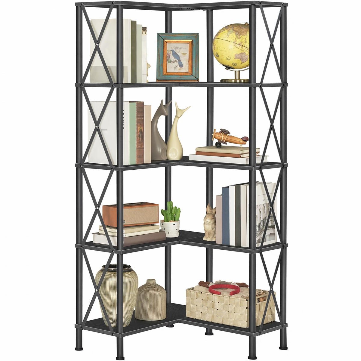 Black 5-Tier L-Shaped Corner Bookshelf X8914