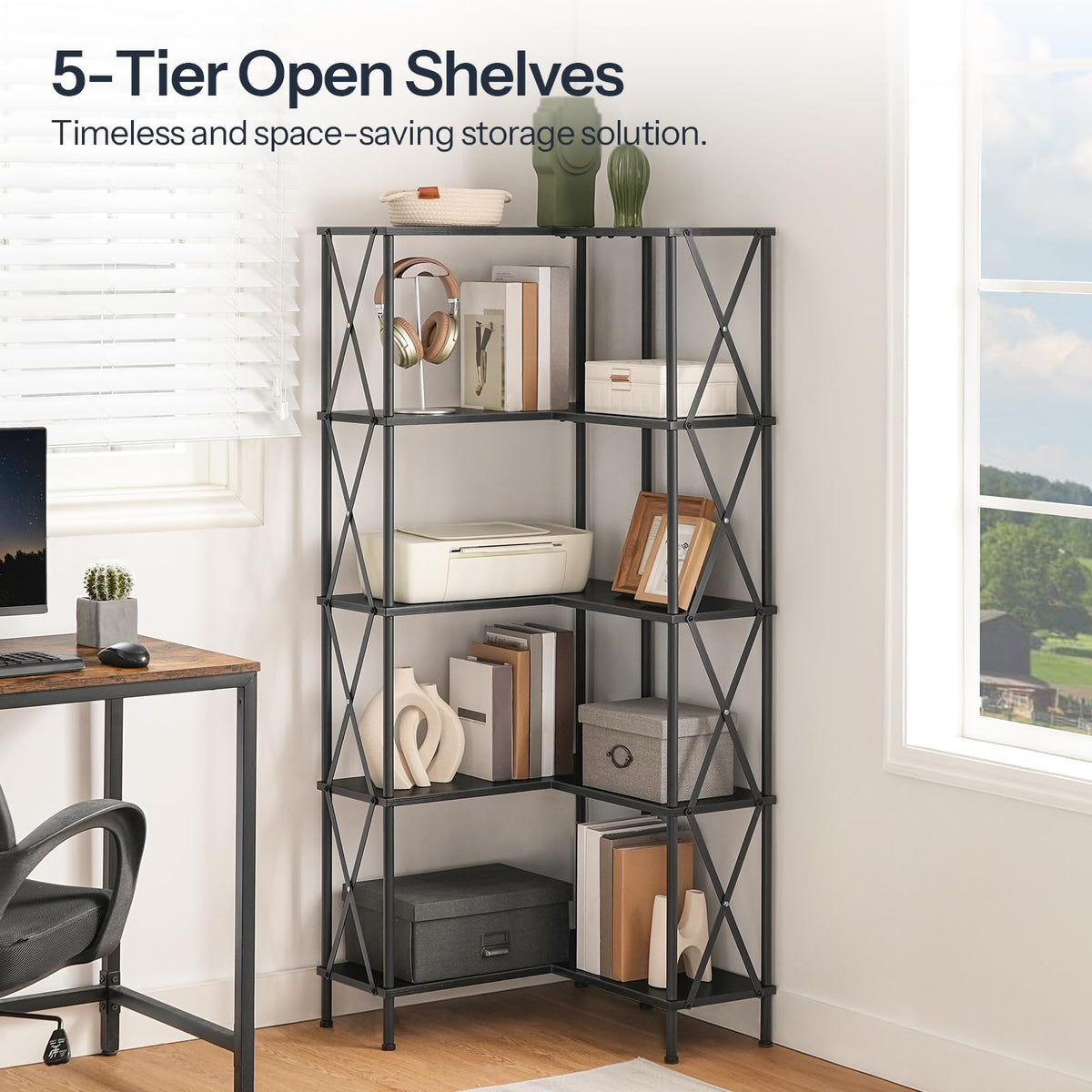 Black 5-Tier L-Shaped Corner Bookshelf X8914