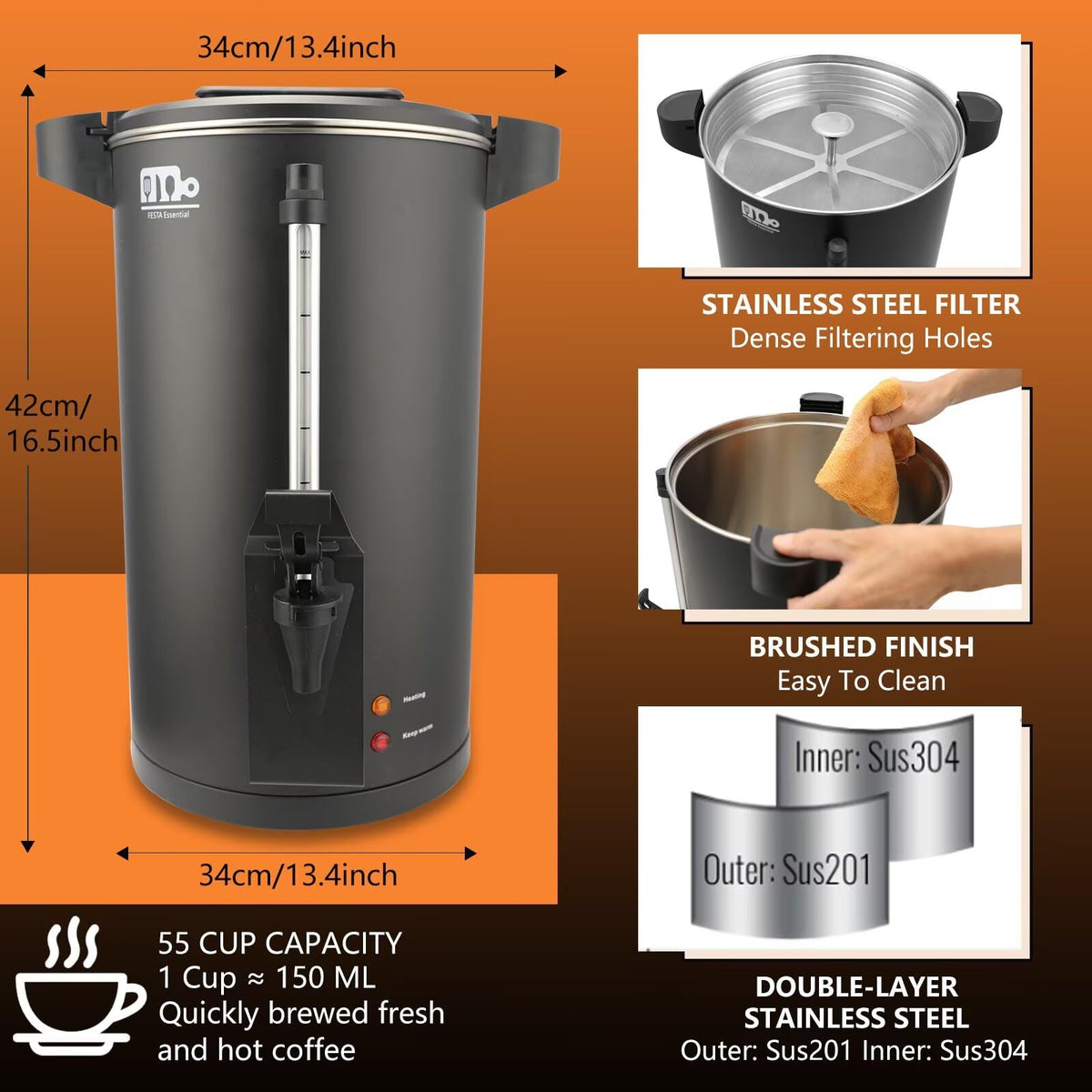 30-Cup 6L Stainless Steel Commercial Coffee Urn S1143