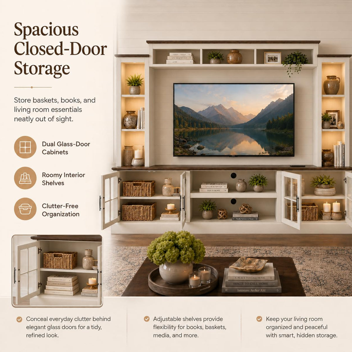 White TV Stand with Bookshelf Cabinet and Barn Doors N6712