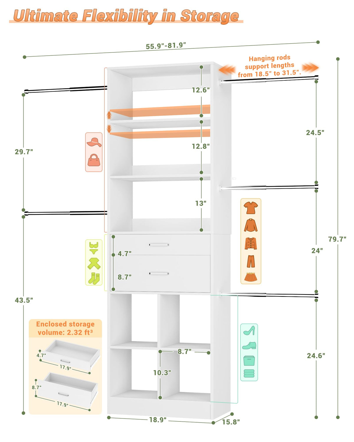 Small Closet System with 2 Wooden Drawers & 5 Hanging Rods, White G635251