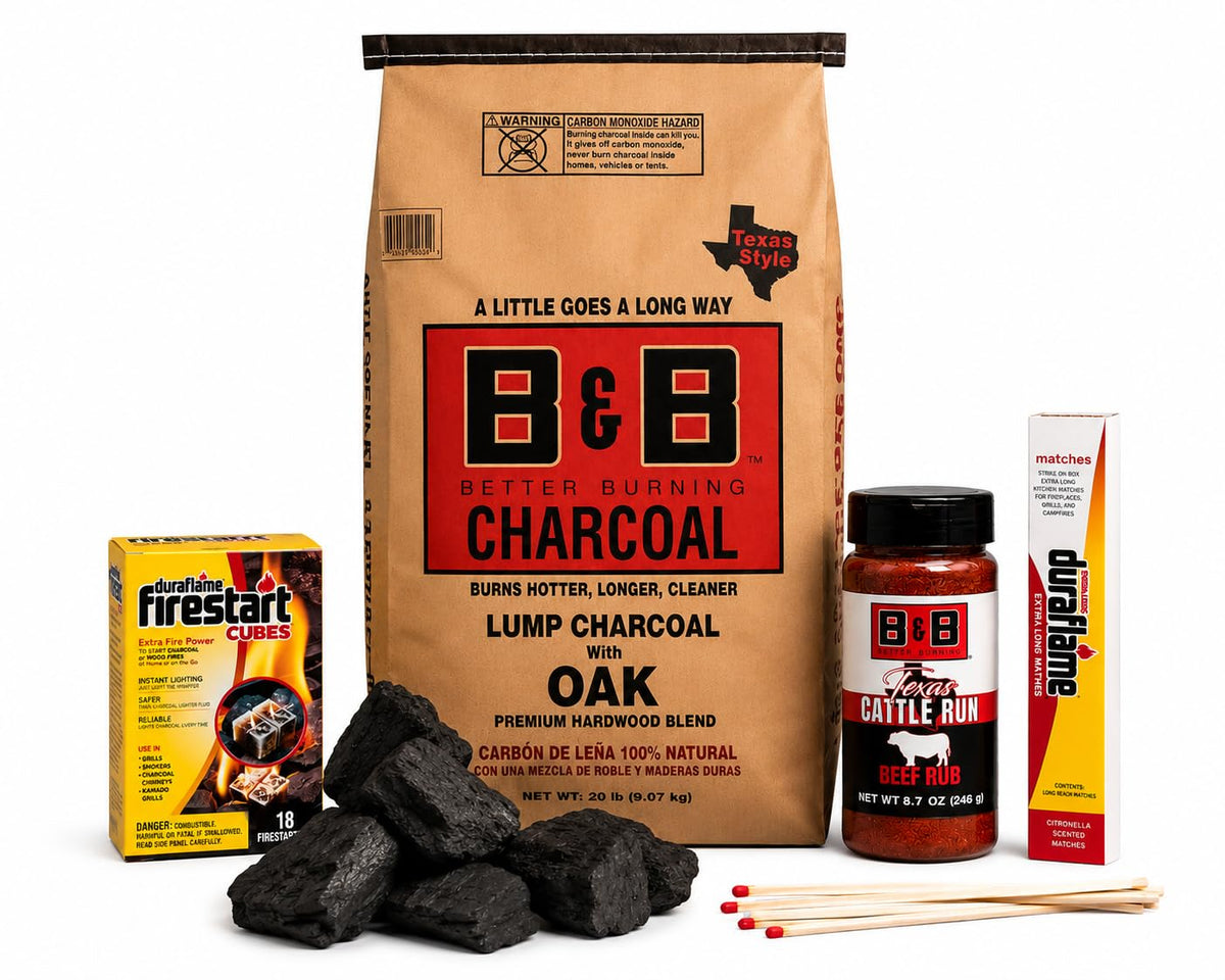 20 lb Oak Lump Charcoal BBQ Bundle with Firestart Cubes, Beef Rub & Grill Matches B5385