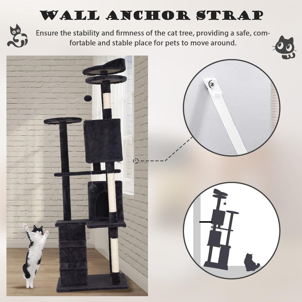 70" Dark Grey Cat Tree Tower with Scratching Post and Bed W573857