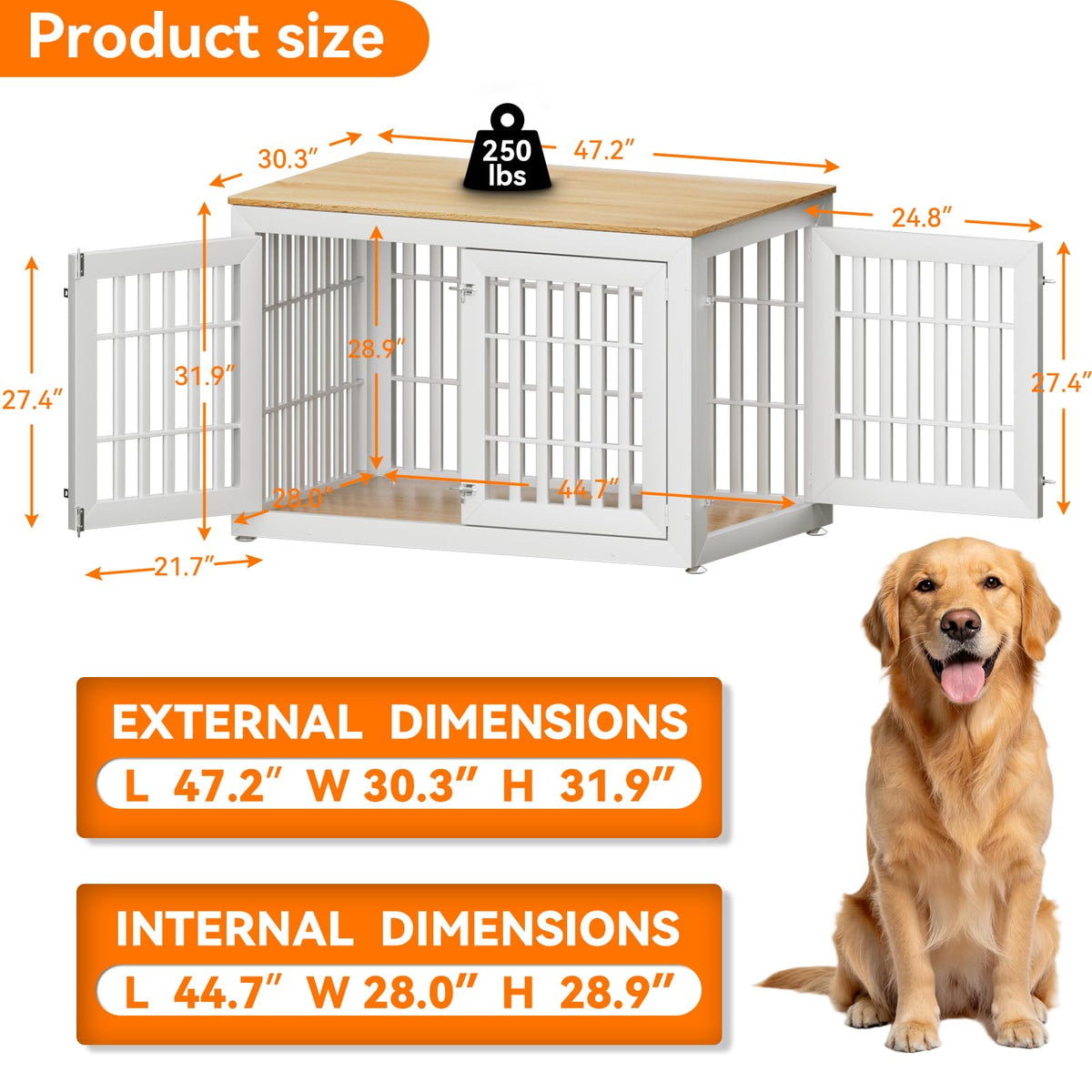 48" XXL White Wooden Dog Crate Furniture D85566