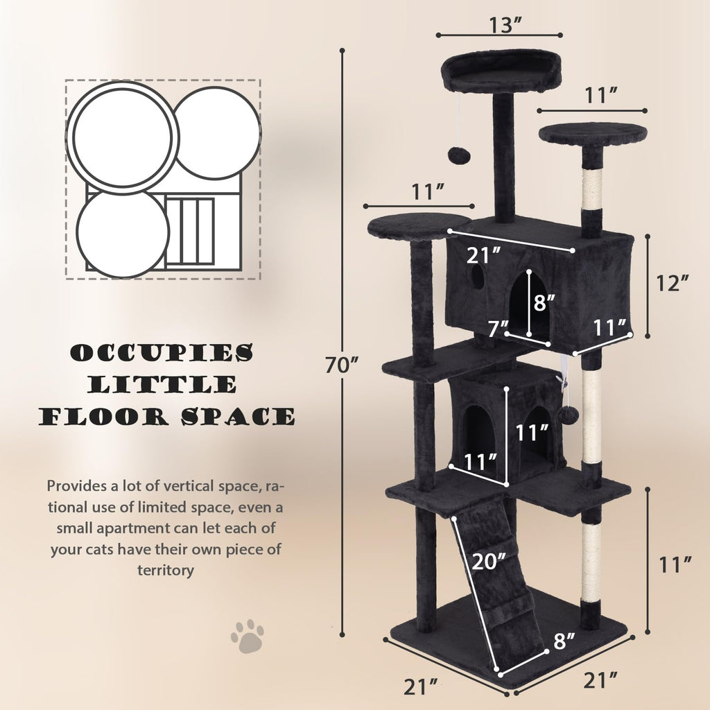 70" Dark Grey Cat Tree Tower with Scratching Post and Bed W573857