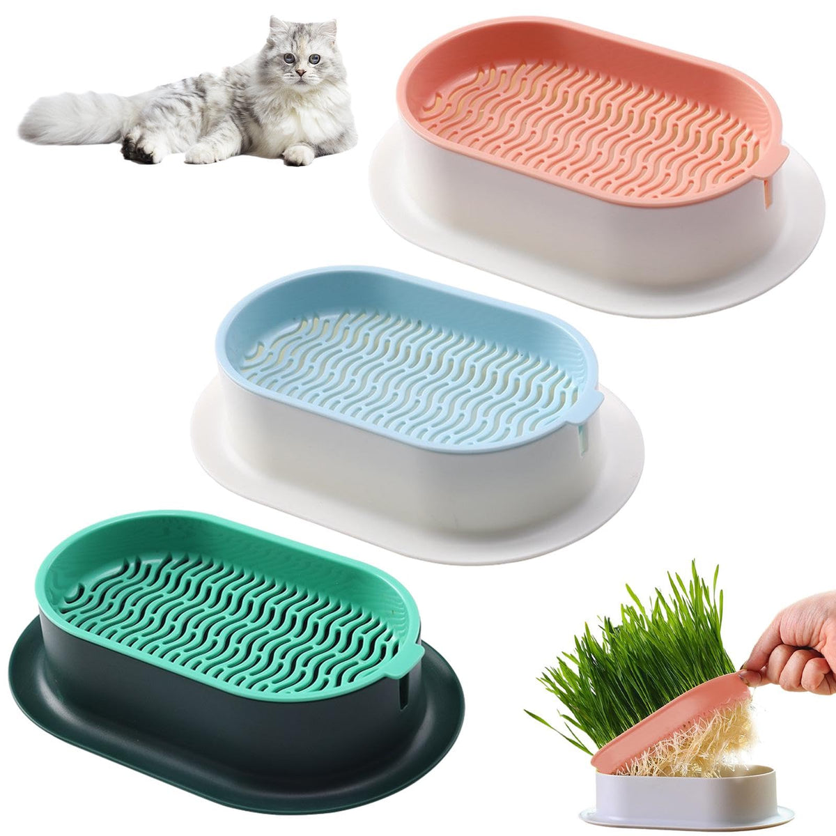 Cat Grass Planter Box, 3 Pcs Plastic Growing Trays Q42778