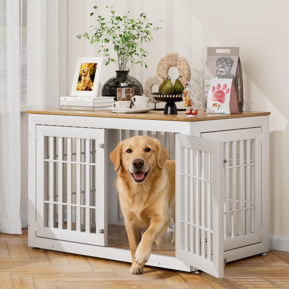 48" XXL White Wooden Dog Crate Furniture D85566