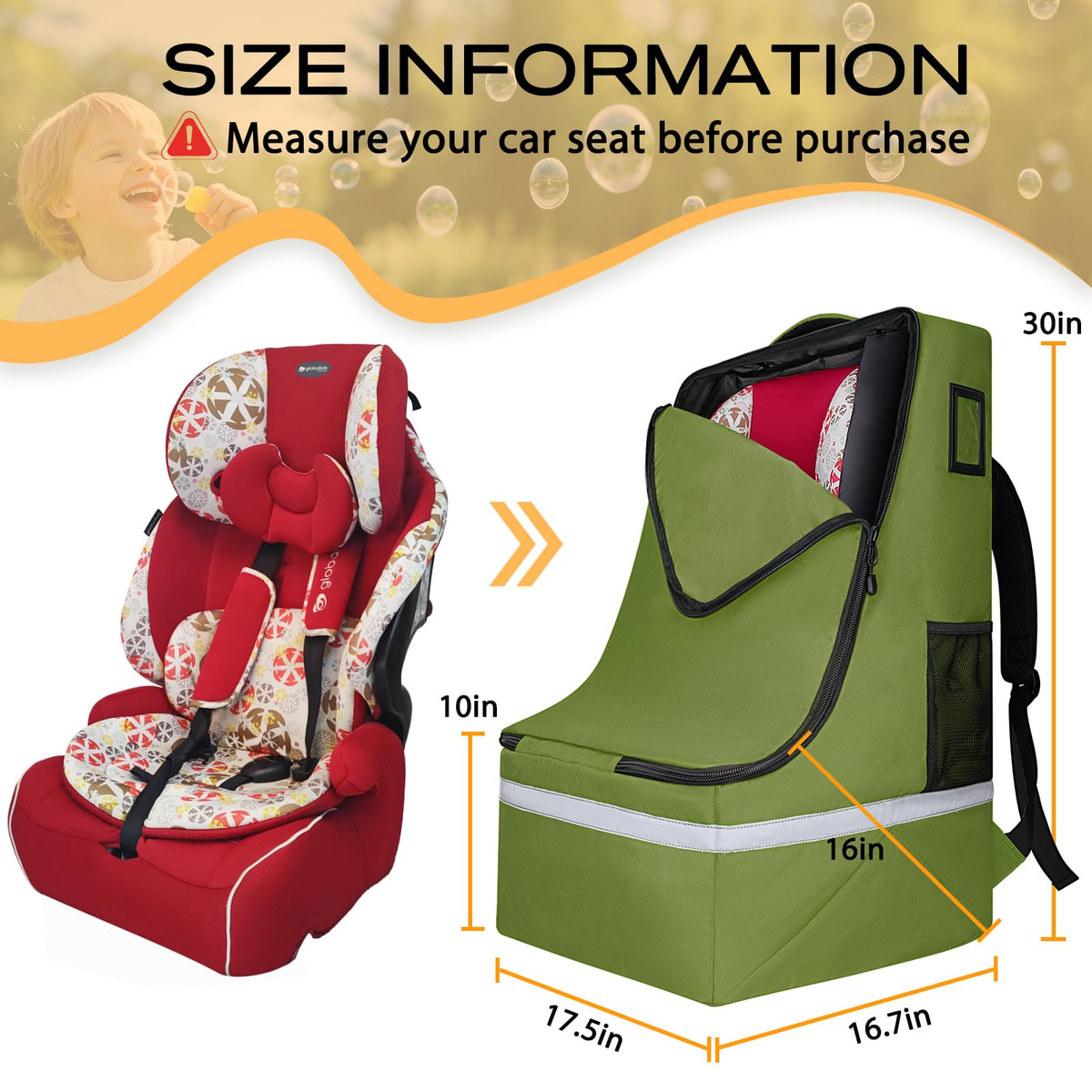 Green Padded Car Seat Travel Bag with Waist Belt F9128