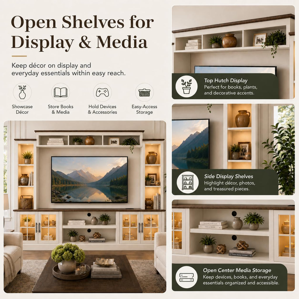 White TV Stand with Bookshelf Cabinet and Barn Doors N6712