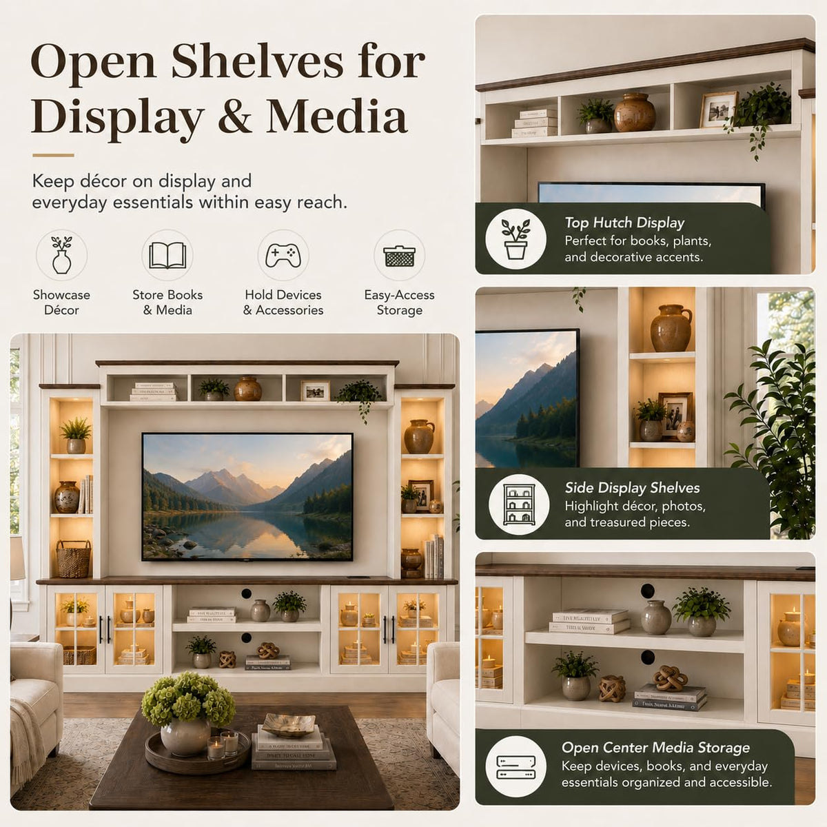 White TV Stand with Bookshelf Cabinet and Barn Doors N6712
