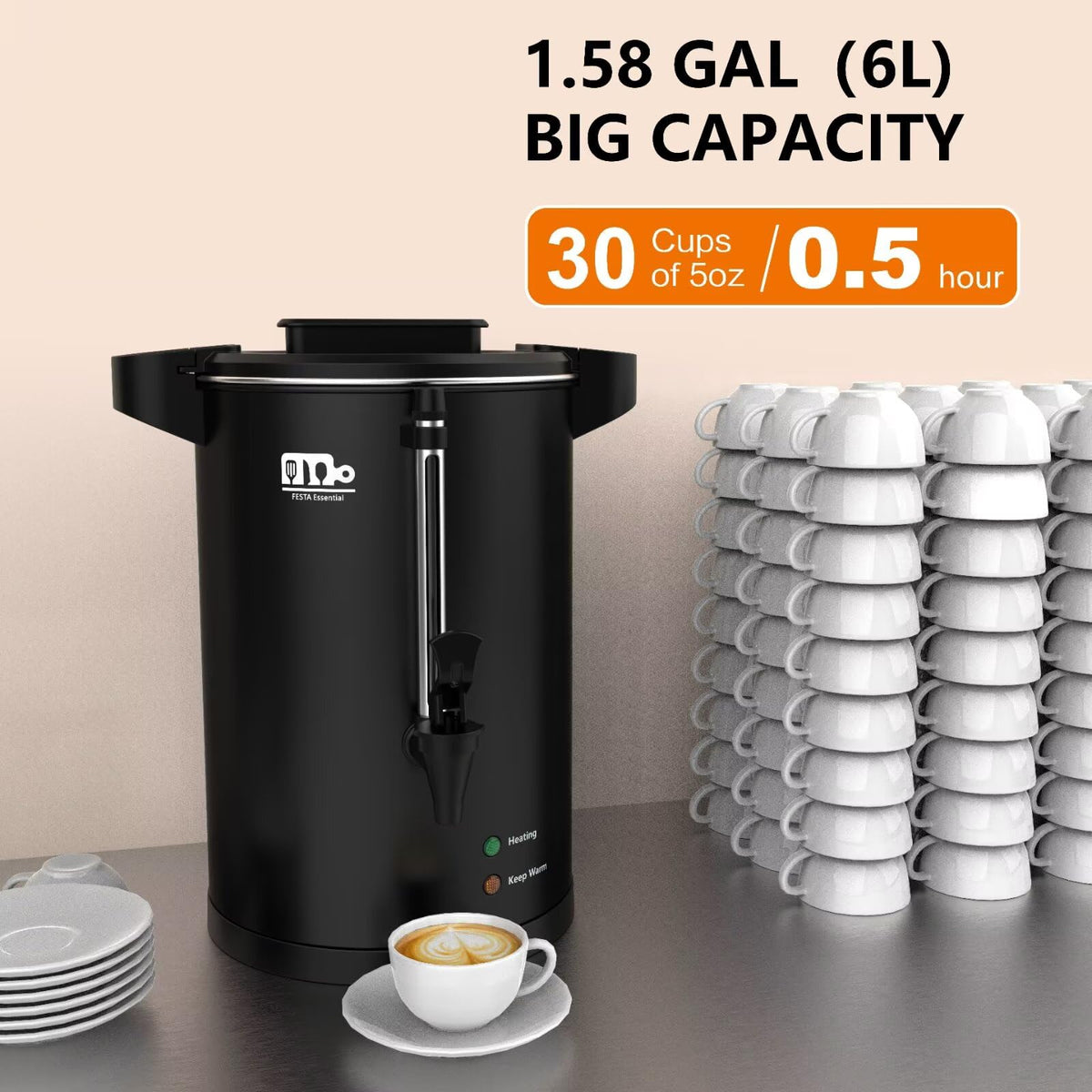 30-Cup 6L Stainless Steel Commercial Coffee Urn S1143