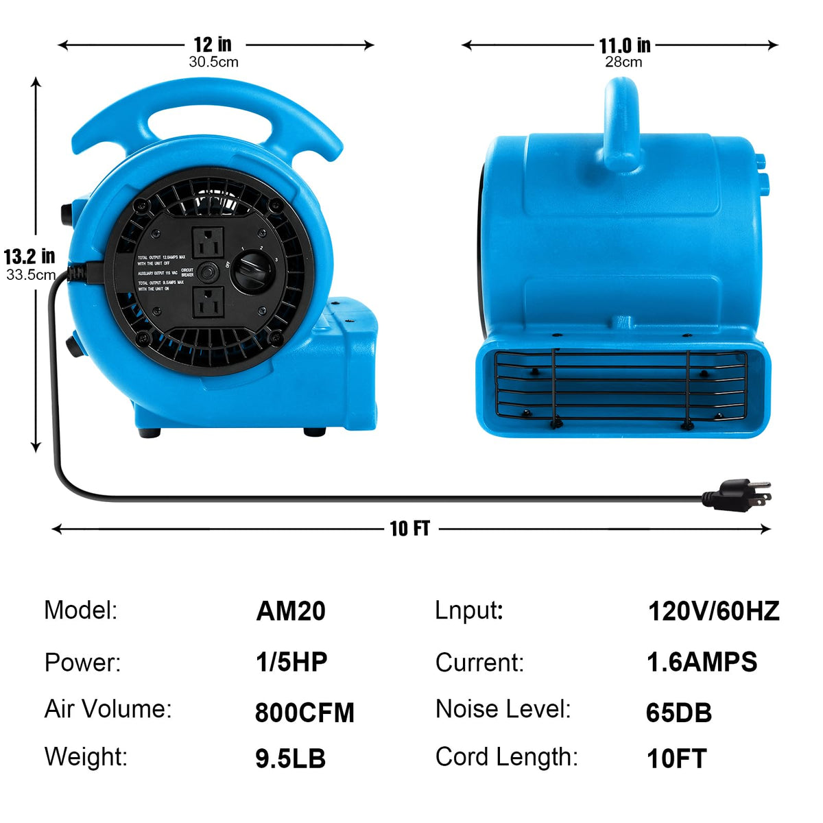 1/5hp 800cfm 3-Speed Air Mover Blower Fan with Dual Outlet A5744