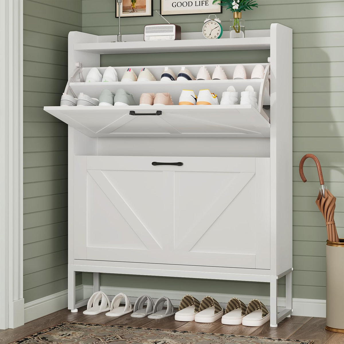 White 2 Flip Drawers Shoe Storage Cabinet V77114