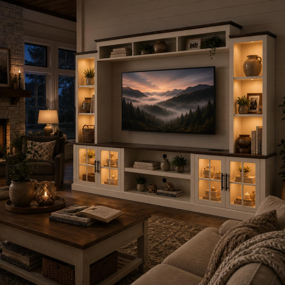 White TV Stand with Bookshelf Cabinet and Barn Doors N6712
